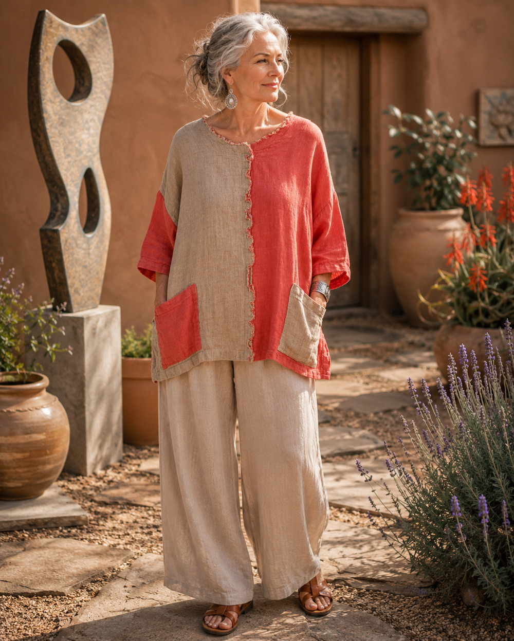 Match Point USA Sz Sz S 100% Linen Colorblock Tunic Top Coral Khaki Oversized